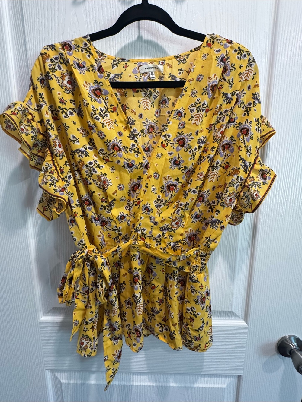 Max Studio Yellow Floral Wrap Blouse
